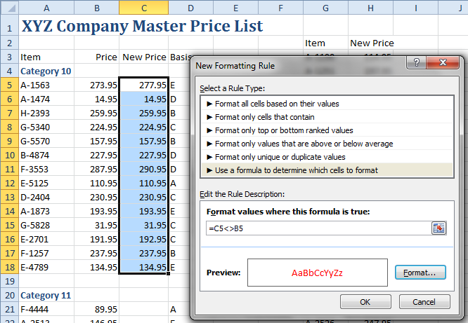 The conditonal formatting rule that will highlight new prices